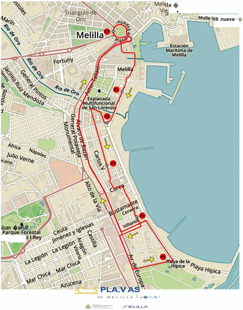Mapa del recorrido del Bus Playa 2026 en Melilla